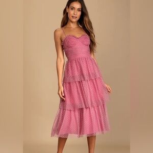 Lulus Sweetheart Style Mauve Polka Dot Bustier Tiered Midi Dress